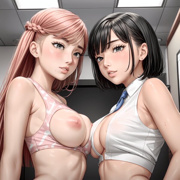 Black-haired beauties' breasts bounce as they eagerly await your attention