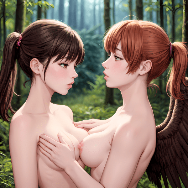 Brown-haired beauties, nude in the daylight, by the plants