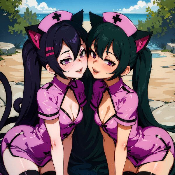 Black-haired beauties sharing a secret smile