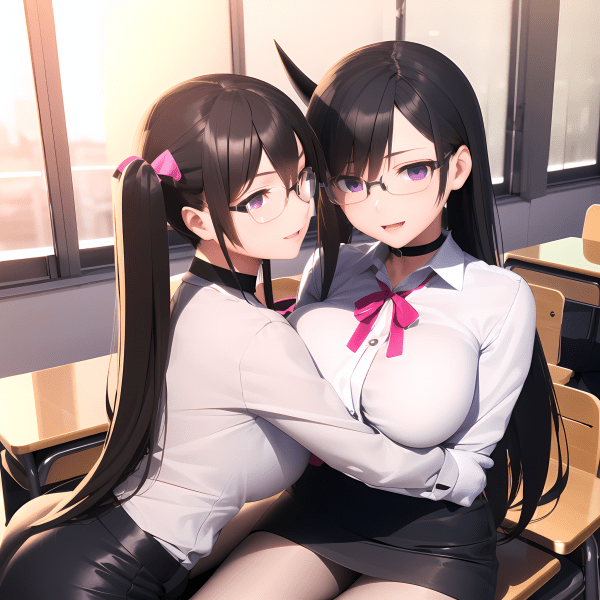Black-haired beauties share a steamy moment