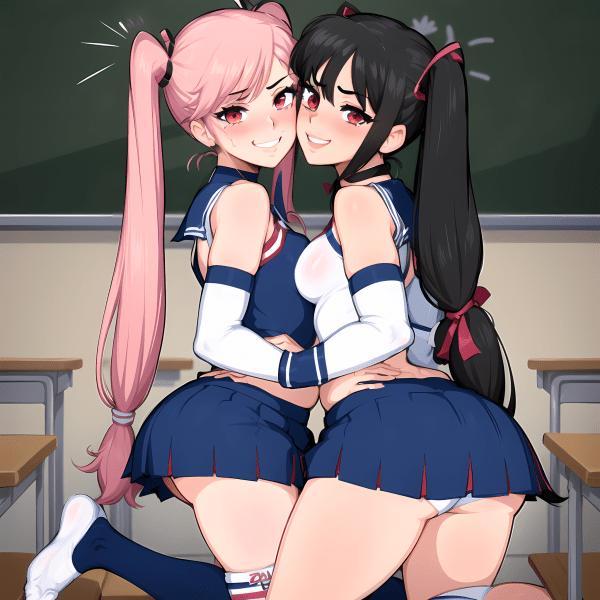 Black-haired beauties share a moment of intimacy