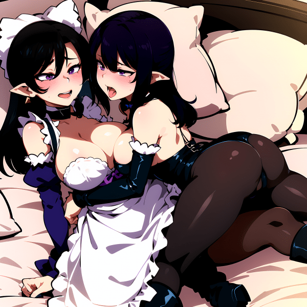 Black-haired beauties' blushing intimacy