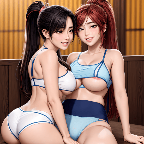 Brown-eyed beauty and her ponytailed partner share a seductive smile