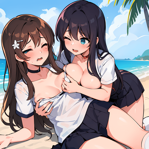 Black-haired and brown-haired girls passionately kiss under the blue sky