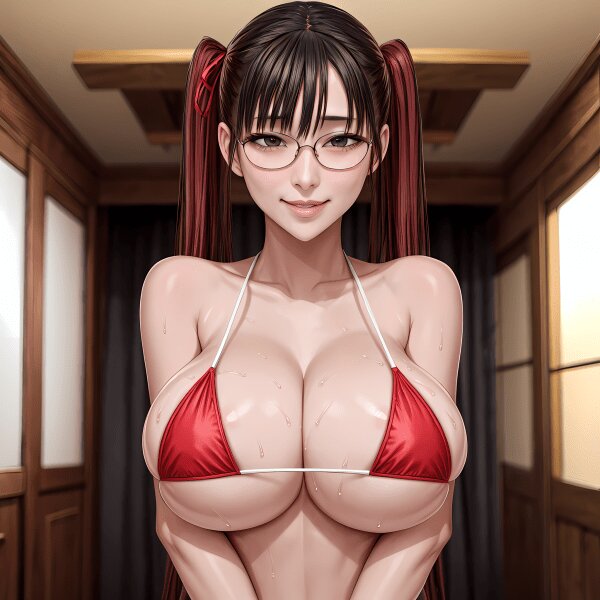 Brown-haired beauty's blushing bliss