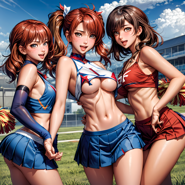 Brown-haired girl in a blue sky blushingly looks at the viewer while her breasts are exposed due to her open shirt