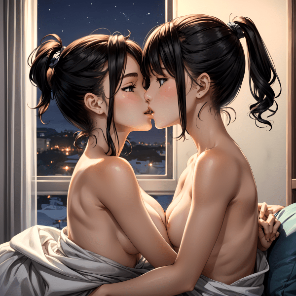 Intimate Moments: Two Black-Haired Girls' Passionate Embrace